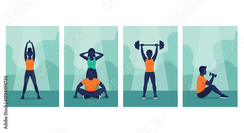 A series of illustrated panels depict diverse individuals engaged in various weightlifting and fitness exercises