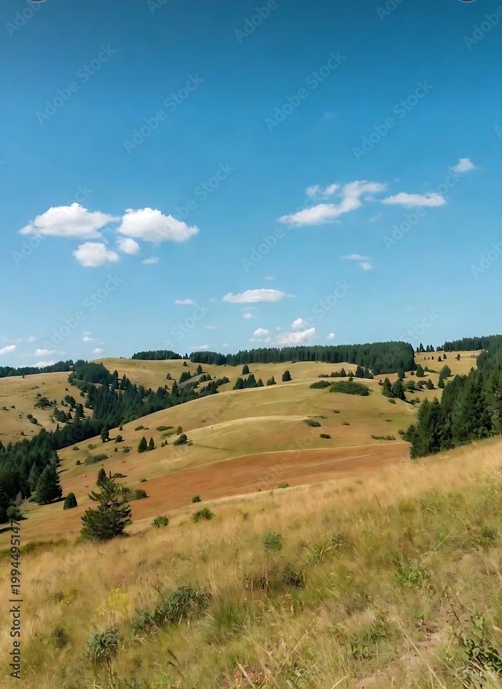 Fototapeta premium Rolling hills with trees and grass under a blue sky with white clouds on a sunny day in a rural landscape