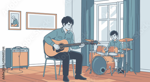 Man Playing Acoustic Guitar Sitting.