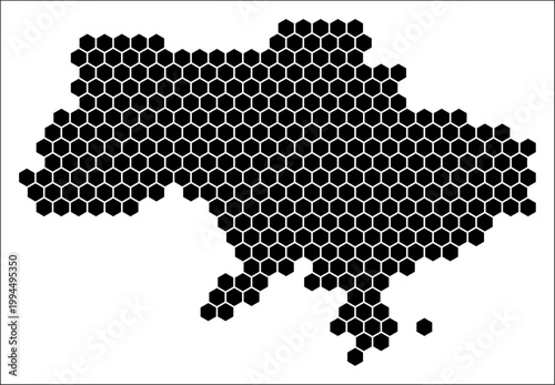 Ukraine simple black and white hexagon map shape template. Country plain hexagon cell dots. Ukraine flat honeycomb boundary. Vector Illustration.
