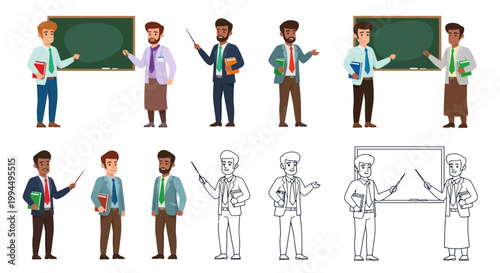 Diverse Teachers Giving Lessons at Chalkboard, Illustration Set