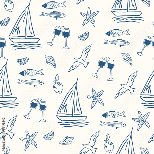 Mediterranean summer vacation seamless pattern. Hand drawn doodle beach elements wine, boat, fish, lemon, seashells. Italy la dolce vita coastal print, wrap paper, retro fabric, textile design
