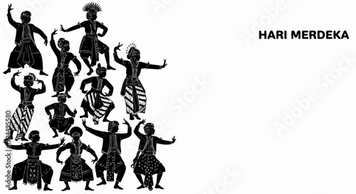 Hari Merdeka celebration illustration with diverse silhouettes dancing and raising hands in unity. Vector art featuring traditional cultural festivity.
