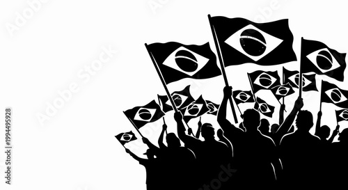 Crowd holding Brazilian flags with fire effects, patriotic celebration vector illustration. Dynamic patriotic design for national events, sports tournaments, or cultural festivals.