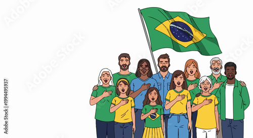 Diverse group of people standing together with Brazilian flag waving proudly, singing national anthem with hands over hearts. Concept of patriotism and national unity for Brazil. digital illustration