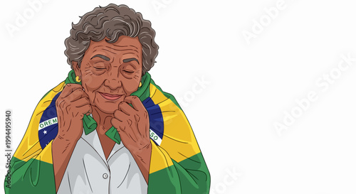 Elderly Brazilian woman wrapped in national flag, vector illustration. Senior citizen pride and patriotism, cultural identity and heritage. Concept for national holidays and sporting events.