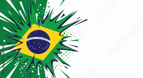 Exploding Brazilian flag design with vibrant colors and dynamic burst effect for patriotic graphics. digital illustration