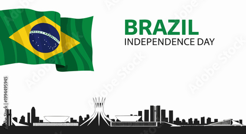 Brazil Independence Day vector illustration with waving flag and cityscape silhouette. Celebrate Brazil Independence Day with patriotic symbols and national pride.