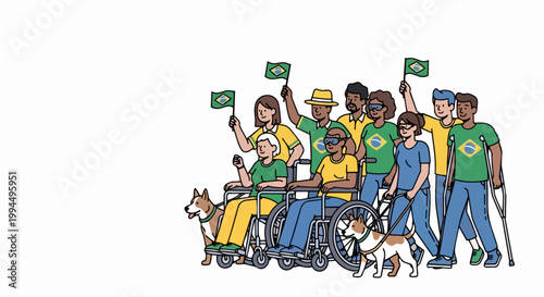 Diverse group of people celebrating with Brazilian flags, inclusion and diversity concept for national pride and unity. Diverse group celebrating national holidays, showing unity and togetherness.