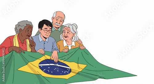 Diverse group of seniors holding Brazilian flag together, celebrating national pride and unity. Diverse seniors united by patriotism, embracing heritage and community.