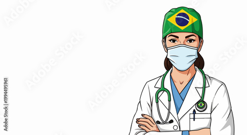 Brazilian doctor wearing mask and cap with flag, vector illustration for healthcare and medical concepts. for branding, packaging, banner, poster, website header, and social media design use