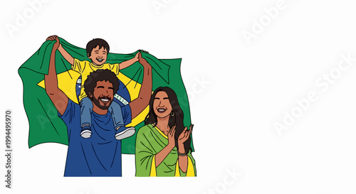 Brazilian family celebrating with flag, vector illustration of national pride and unity. Joyful parents and child waving Brazilian flag, concept of patriotism and cultural heritage.