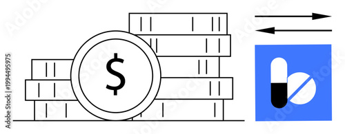 Healthcare costs, pharmaceutical trade, financial transactions, medical expenses, drug pricing, medication expenditure. Stacks of coins with a pill icon and arrows indicating transaction flow
