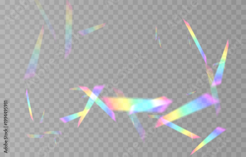 Falling holographic confetti. Shiny rainbow confetti PNG. Falling streamers or tinsel on an isolated transparent background.