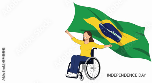 Woman in wheelchair waving Brazilian flag celebrating independence day. Brazilian independence day concept for national holidays and patriotism.