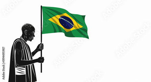 Brazilian flag held by man silhouette vector illustration, national pride and patriotism concept, South American country symbol for travel and culture.