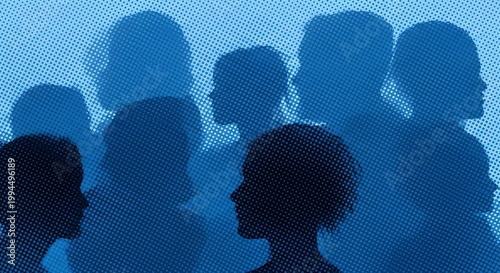 Abstract blue halftone silhouettes of diverse human profiles