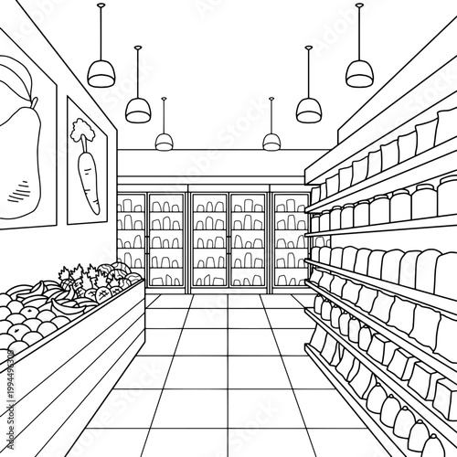Grocery store shop interior black white graphic sketch illustration vector 