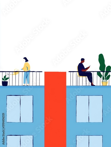 City Balcony Scene with People, Plants, and View