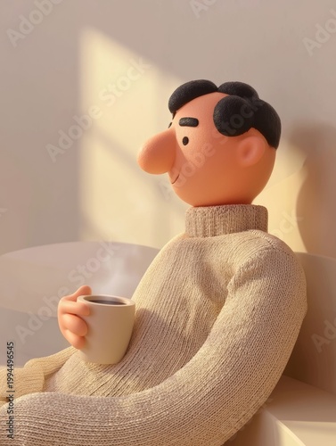 Whimsical Scene: Mannequin in Sweater Sipping Coffee