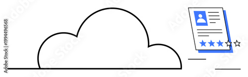Cloud outline linked to a profile document featuring user photo, personal details, and star ratings. Ideal for cloud computing, digital data, storage, profiles, resumes, networking and HR concepts