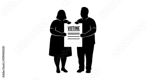 Silhouette of Two People Holding a Vote Sign, Voting Concept.