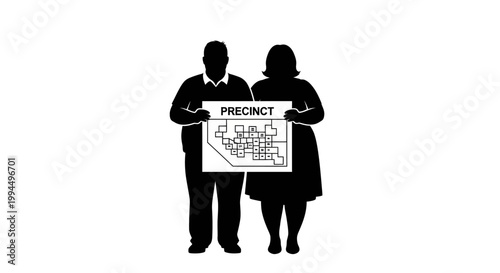 Silhouette of Two People Holding Precinct Sign for Voting.