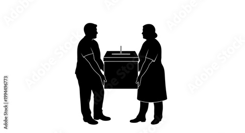 Silhouette of Two People Near a Ballot Box, Voting Process.
