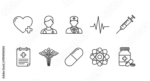 A collection of medical icons including a heart doctors a syringe and other healthcare symbols