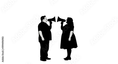 Silhouette of Two People Shouting into Megaphones on White Background.