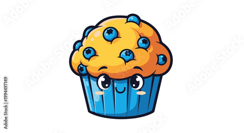 Cute blueberry muffin cartoon character with happy face isolated on white background