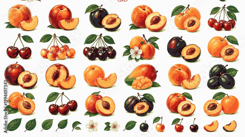 Stone Fruits Pack. Peach Plum Cherry Collection