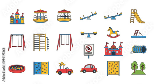 Colorful icons depict various playground elements including slides swings castles and climbing structures
