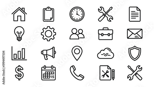 Business and technology icons set vector illustration with business technology illustration collection clipboard document cogwheel lightbulb settings briefcase envelope statistics location
