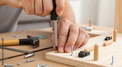 Closeup of a person assembling wooden furniture using a screwdriver and screws