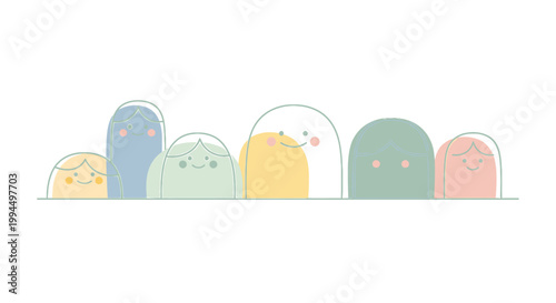 A row of colorful cartoon characters with cute facial expressions on a white background with pastel colors.