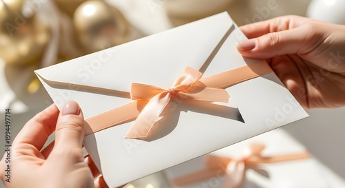 Hands holding a white envelope decorated with a soft peach ribbon and bow
