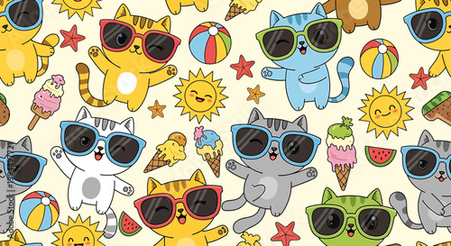Vibrant pattern of cartoon cats wearing sunglasses surrounded by summer icons like ice cream cones and beach balls on a pale yellow background.
