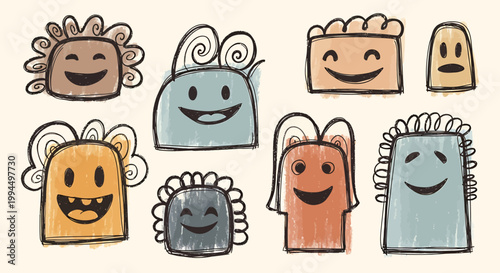 Digital illustration of a diverse group of cartoon faces with expressive features on a solid beige background.