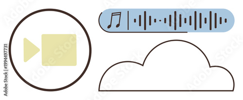 Multimedia content, digital storage, audio streaming, cloud technology, online media, file sharing. Stylized icons of a video, music file with soundwaves and cloud. Multimedia content and digital