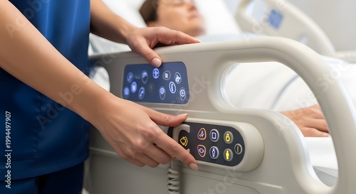 Nurse adjusting hospital bed settings using the control panel for patient care