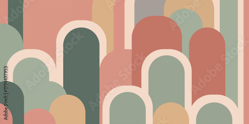 Seamless abstract pattern featuring an array of gentle, rounded arch shapes rendered in a soft, muted pastel color palette, ideal for modern graphic design backgrounds and creative