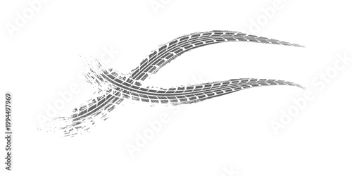 Tire trace track. Abstract wheels braking distances, tread silhouettes brushes. Isolated car or motorcycles vector trails. Tire vehicle, road track rubber, transportation texture