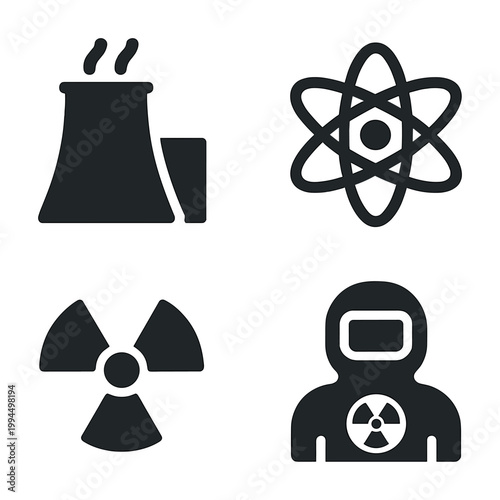 Nuclear energy icon set: reactor, atom, radiation, worker