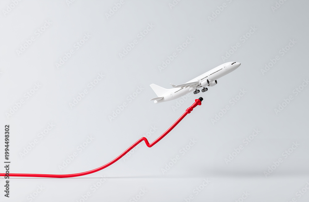 Fototapeta premium Airplane silhouette with rising red graph line, aviation industry recovery and airfare