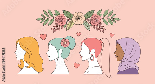 Four diverse women with different hairstyles and hair colors standing in profile against a soft pink background