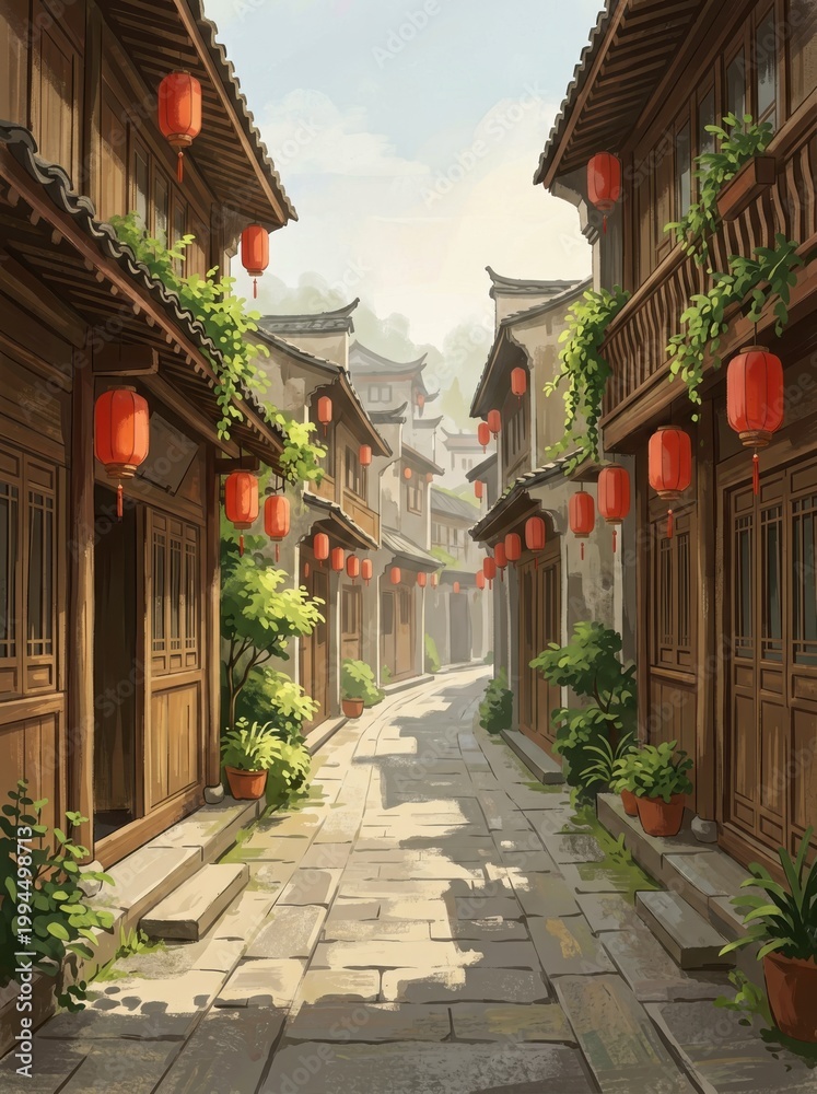 Fototapeta premium Serene Narrow Alleyway with Traditional Wooden Buildings and Red Lanterns