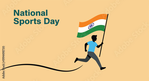Celebrating National Sports Day with a silhouette of a person running and holding the Indian flag in a festive outdoor