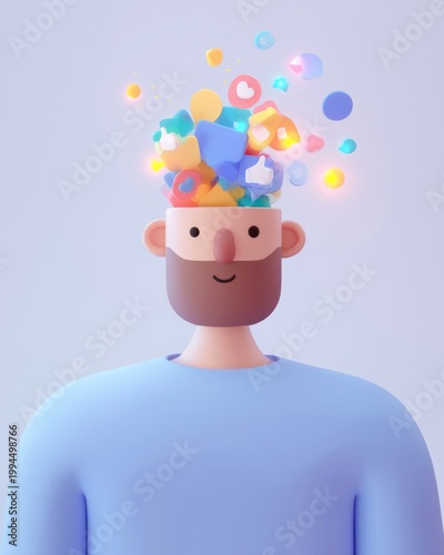 Man with a colorful thought bubble, stylized illustration.