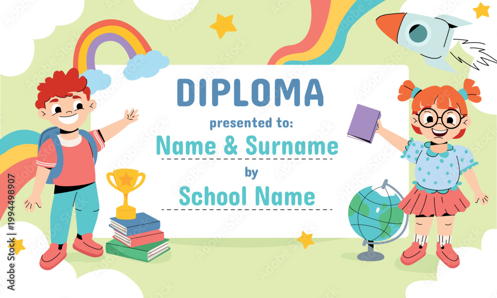 Fototapeta premium Colorful diploma template for kids in kindergarten, preschool, elementary school or primary classes with hand drawn doodle line art elements. Children certificate with cartoon funny boy and happy girl